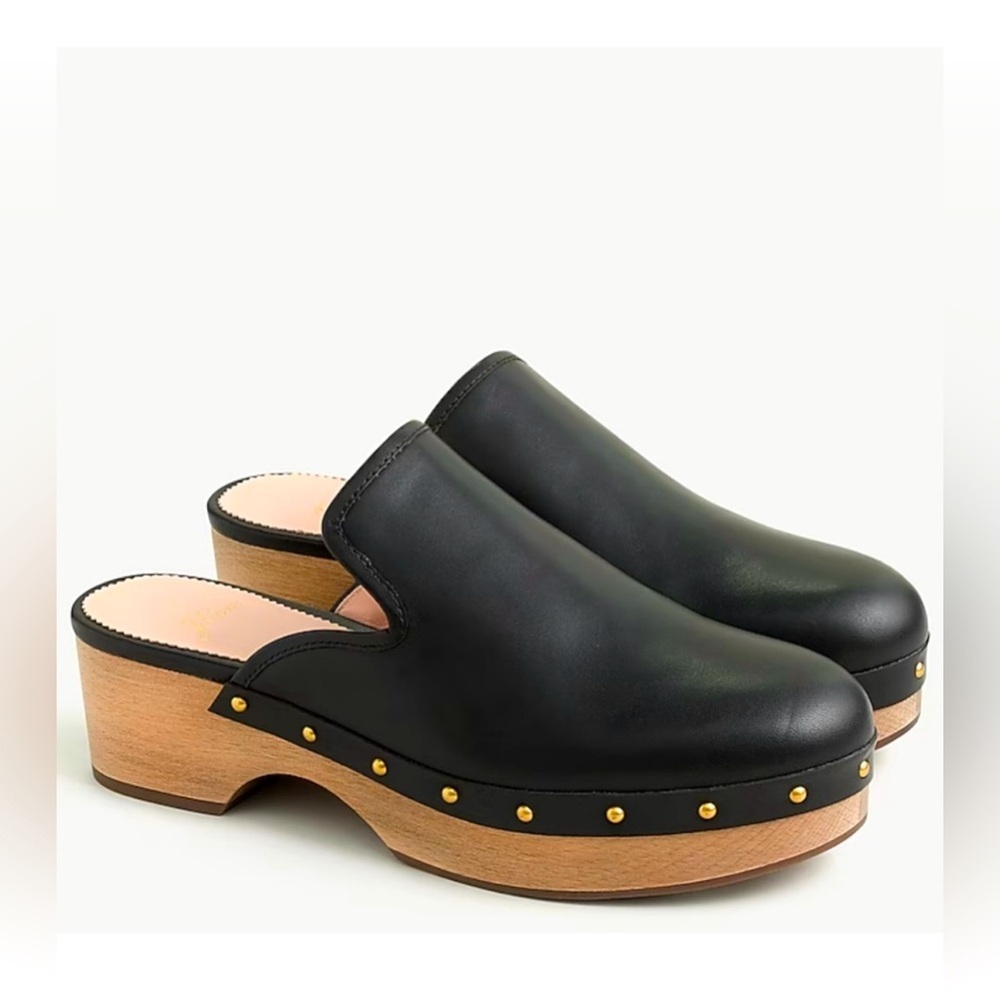 J. Crew Classic Black Leather Gold Studded Clogs Mules Wooden Heel Sz 7.5 EUC
